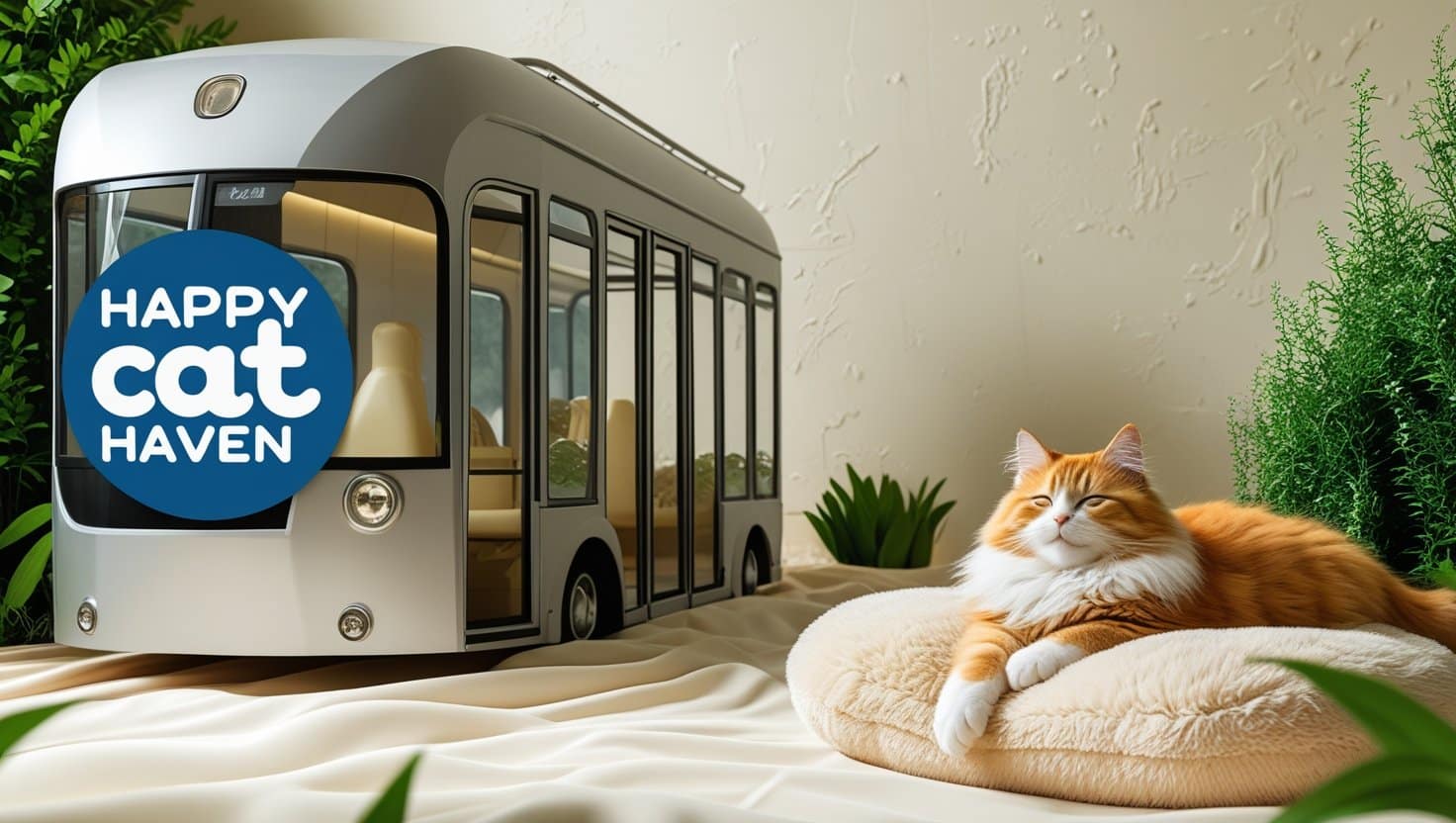 eye-catching image for the Happy Cat Haven's tram and conditions page, featuring a serene and joyful atmosphere. The background is a warm, creamy white, with subtle texture, evoking a sense of comfort and tranquility. In the center, a beautiful, fluffy cat with a bright orange coat and white paws is lounging on a soft, plush cushion, surrounded by calming greenery